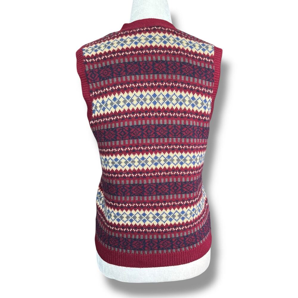 Vintage Talbots Fair Isle Wool Sweater Vest Burgundy Button Front Petite Preppy - Picture 6 of 11